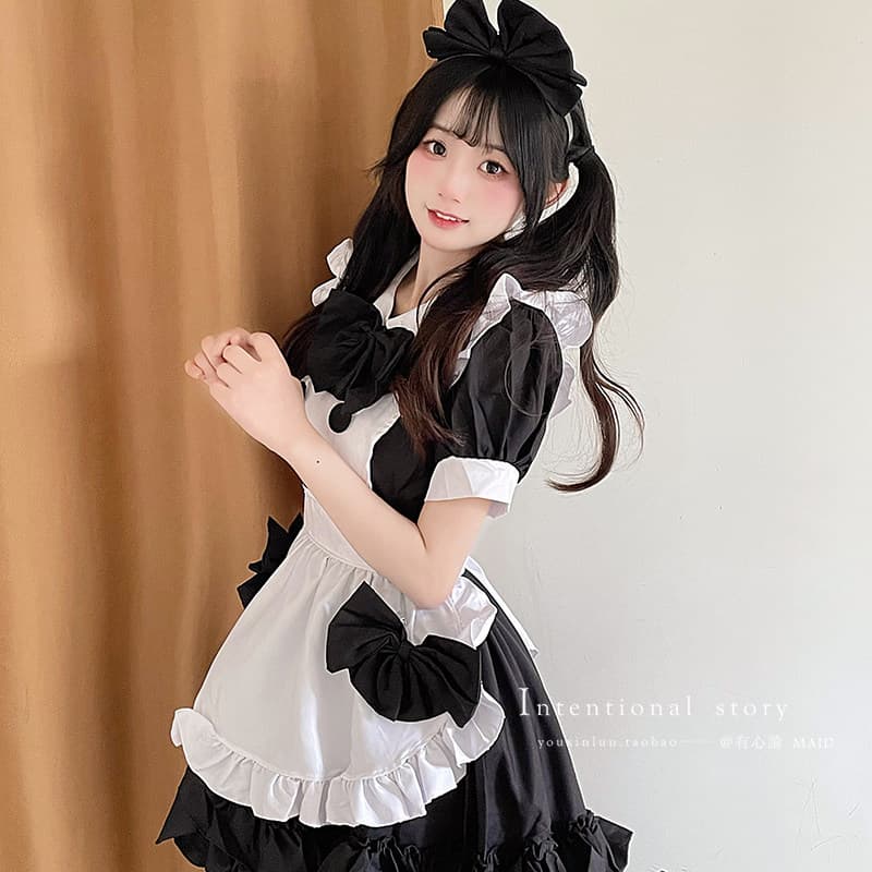 女装 大きめリボン付き半袖フリルエプロンメイド服