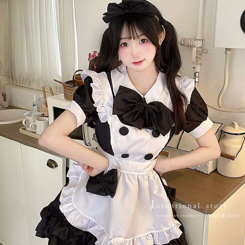 女装 大きめリボン付き半袖フリルエプロンメイド服