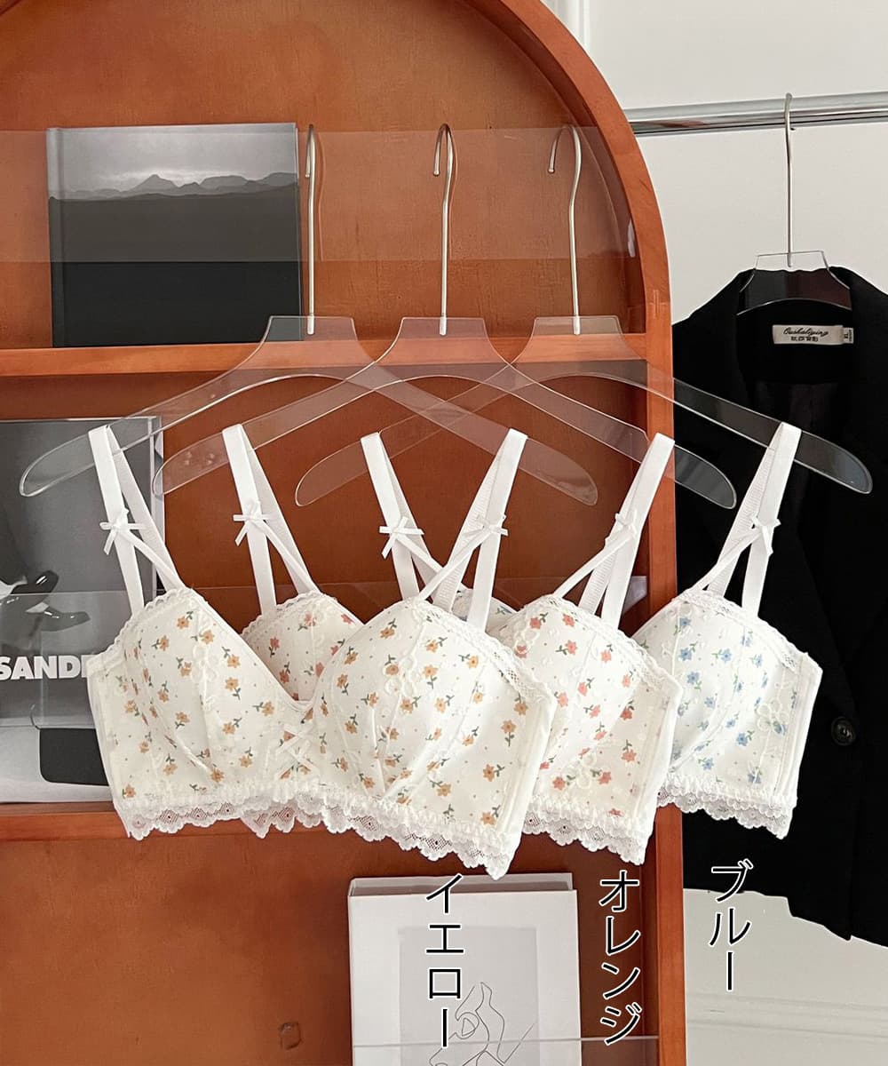 女装 花柄刺繍ノンワイヤー下着セット 小花レース