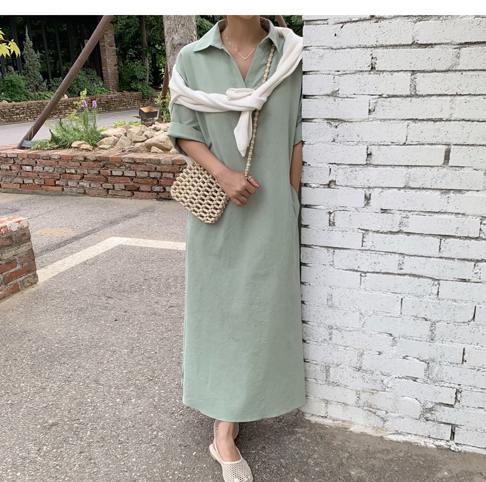 女装 春夏新作 半袖シャツワンピース ロング丈 体型カバー