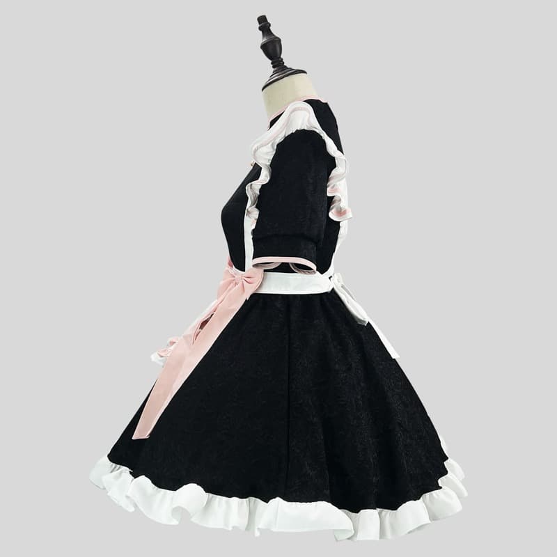 女装 黒色メイド服ワンピース 胸元開きリボン付き衣装