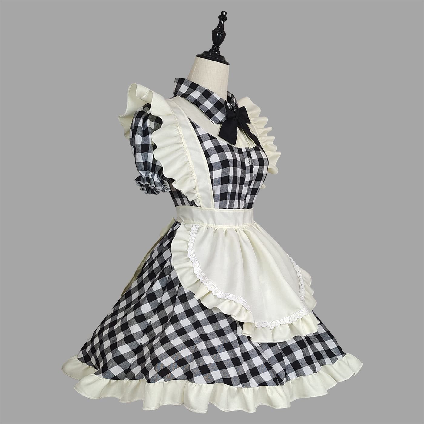女装 ギンガムチェック柄フリル付きメイド服セット