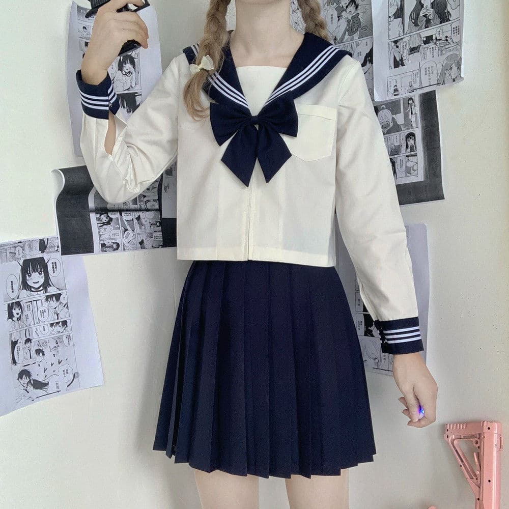 女装 清楚系三本線襟リボン付き長袖セーラー服上下セット