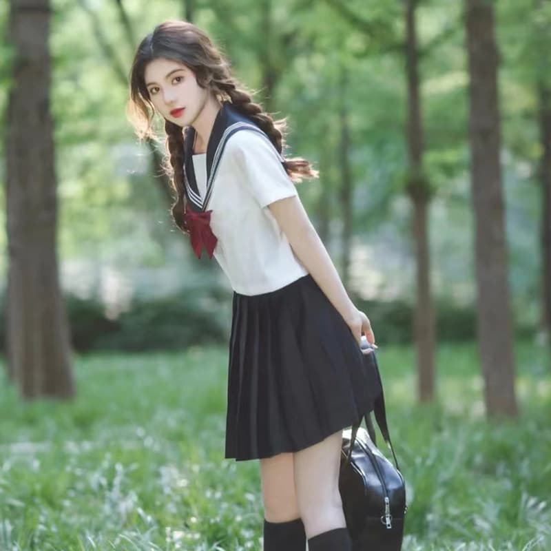 女装 清楚系スカーフリボン付きセーラー服上下セット