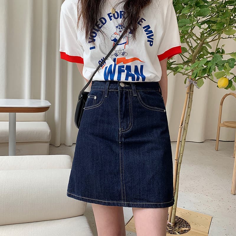 女装 ハイウエストデニムミニ丈台形スカート