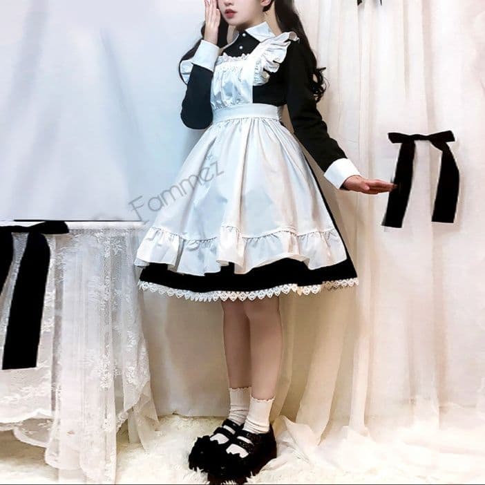 女装 姫系フリル付き長袖メイドワンピース衣装セット