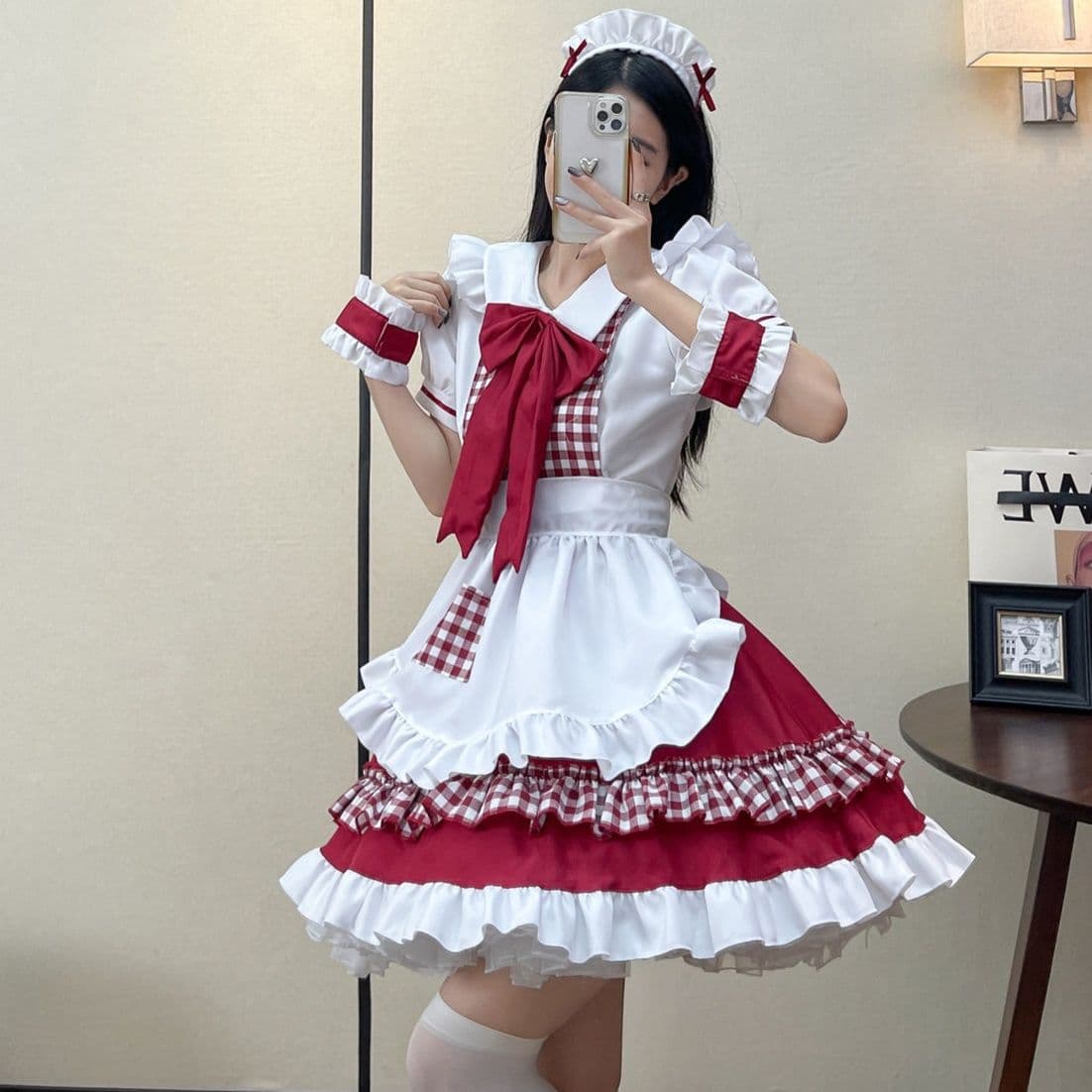 女装 ギンガムチェック柄フリル付き襟元リボンメイド服セット