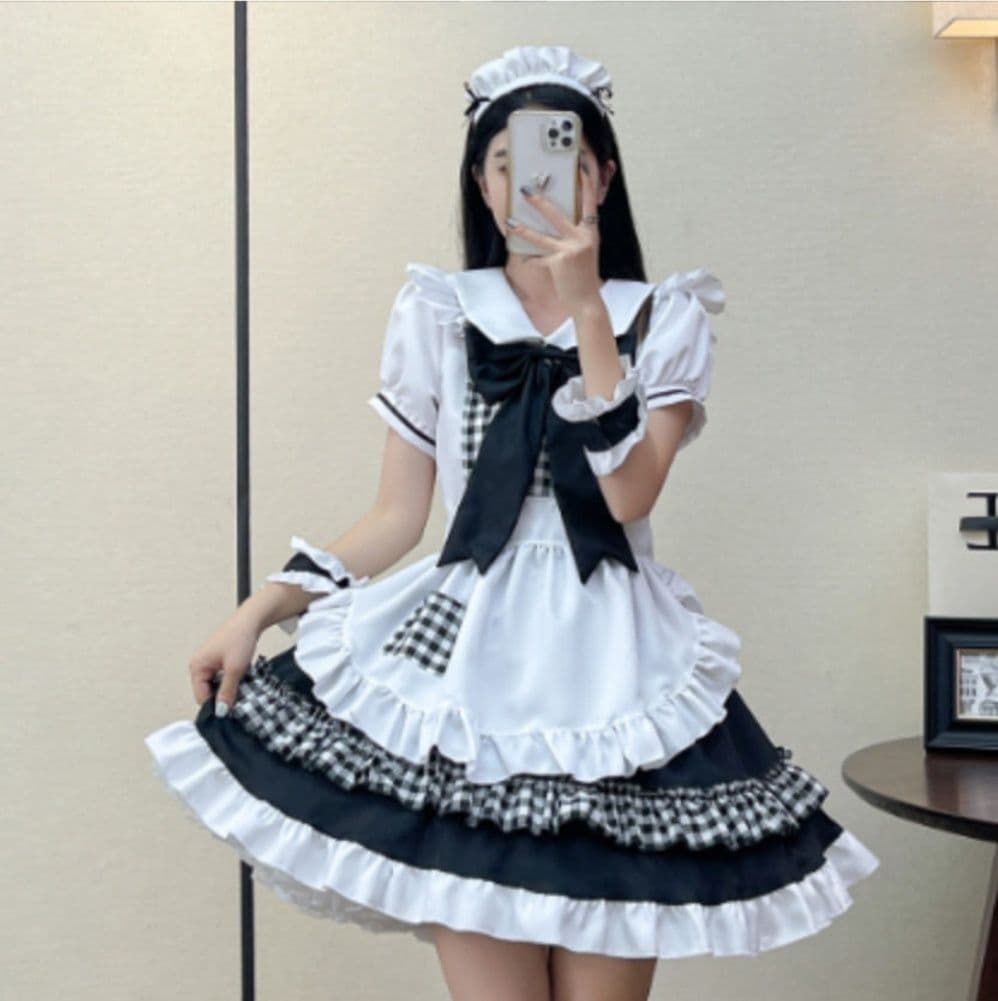 女装 ギンガムチェック柄フリル付き襟元リボンメイド服セット