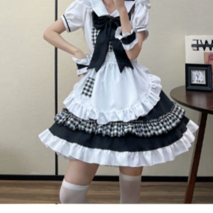 女装 ギンガムチェック柄フリル付き襟元リボンメイド服セット