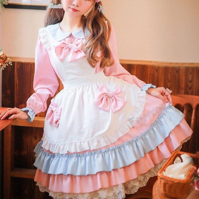 女装 フリル段々スカート猫耳リボン付きメイド服セット