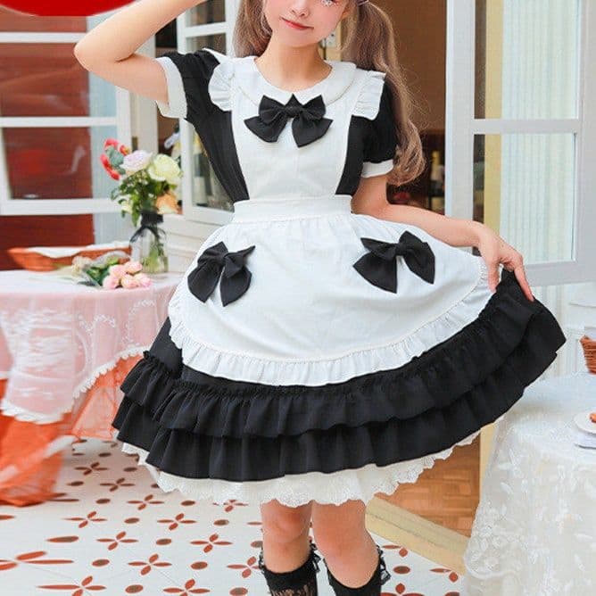 女装 フリル段々スカート猫耳リボン付きメイド服セット