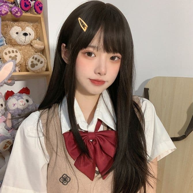 女装 可愛い前髪ぱっつん清純系ロングストレートウィッグ