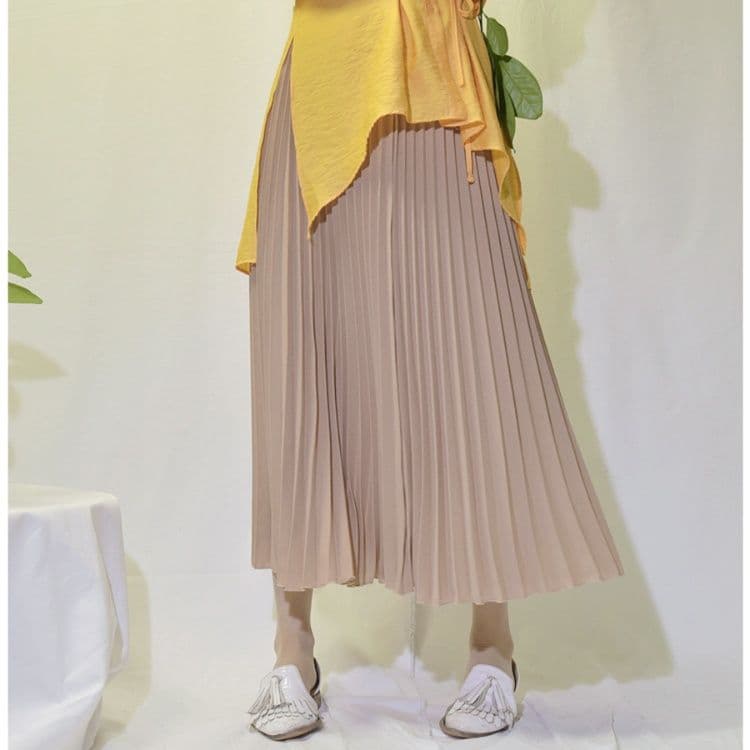 女装 透け感プリーツスカート ロング丈 ウエストゴム 全色展開