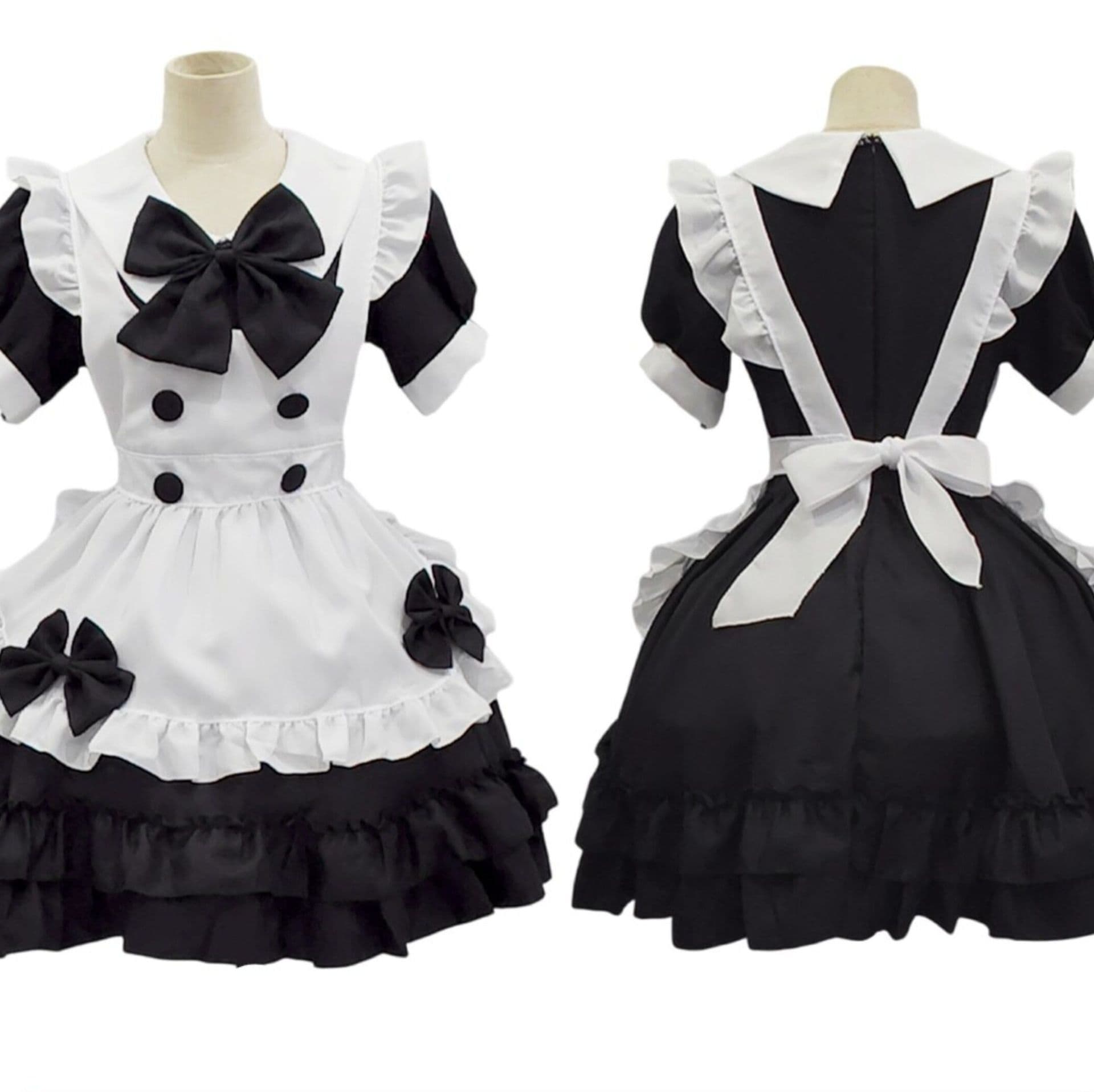 女装 大きめリボン付き半袖フリルエプロンメイド服