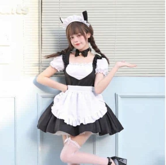 フリルエプロン付き女装メイド服セット