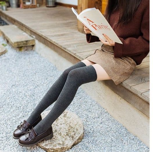 女装 ニーハイ丈ストレッチ無地タイツ