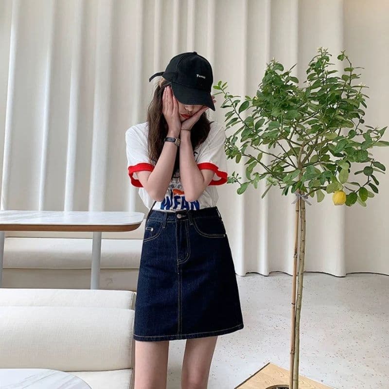 女装 ハイウエストデニムミニ丈台形スカート