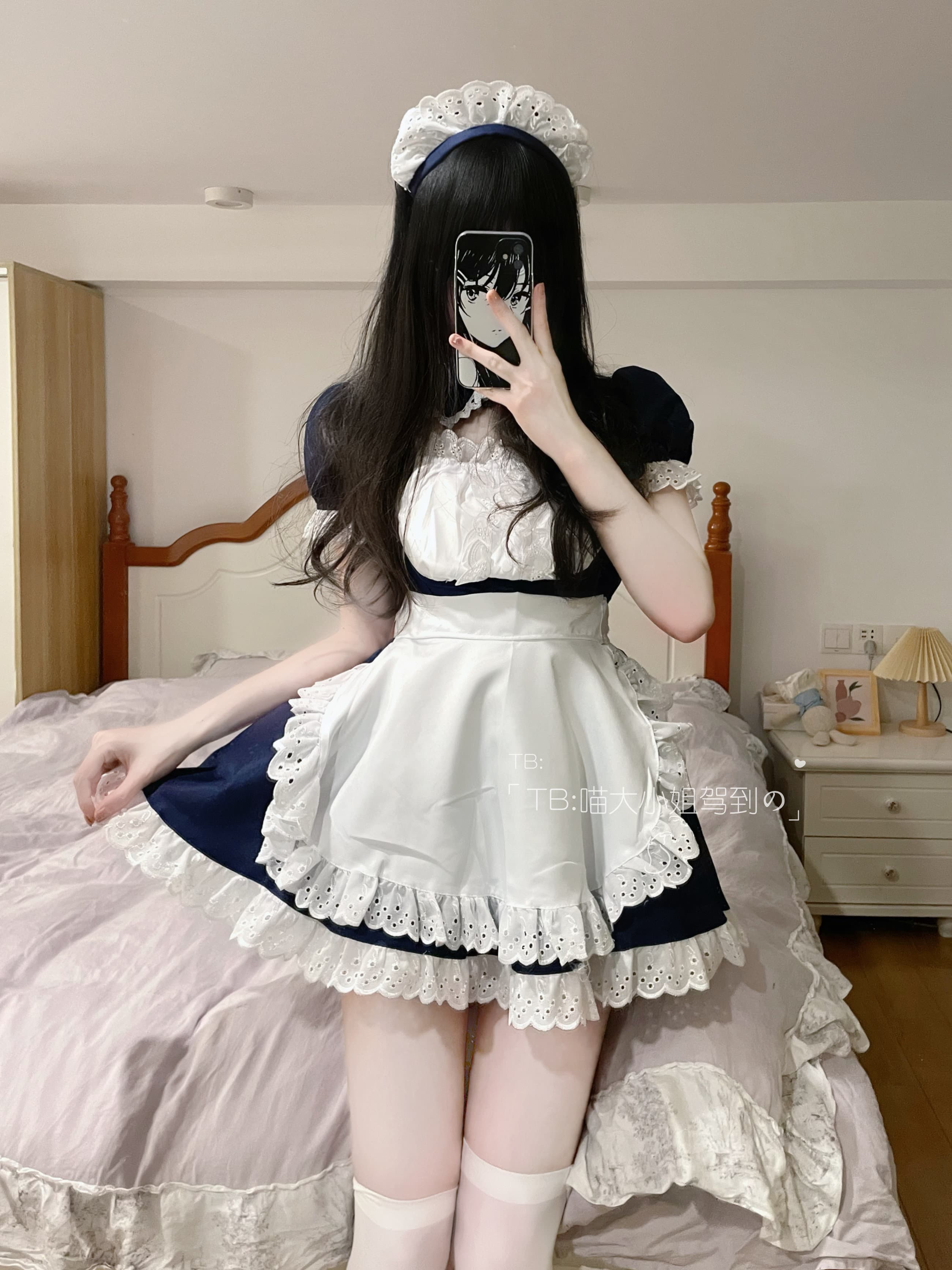 女装 刺繍レース付きパフスリーブメイド服衣装セット