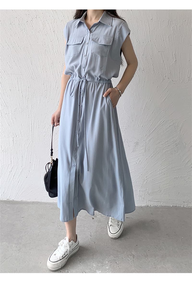 女装 上品シャツ風ロング丈ワンピース半袖ウエストリボン付き