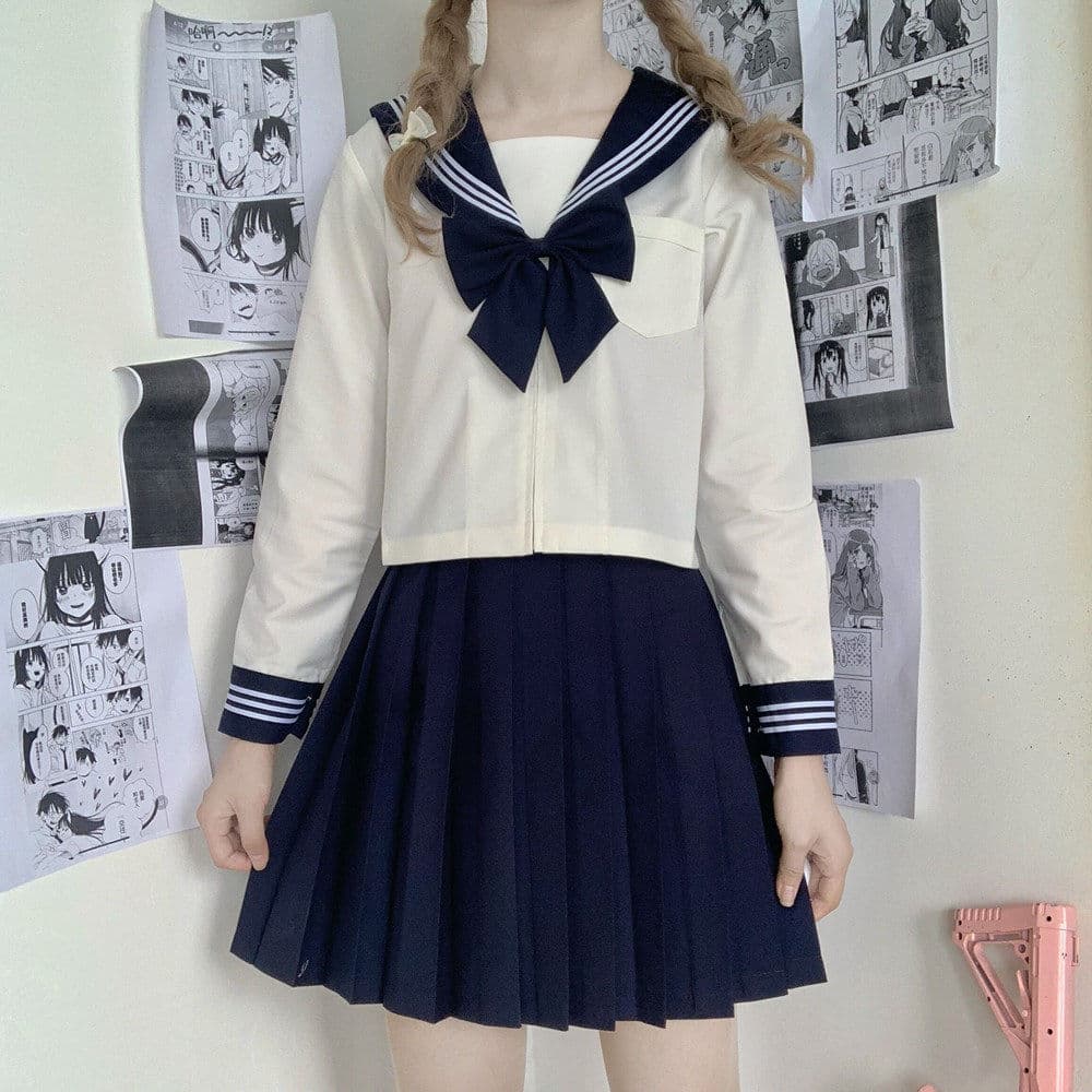 女装 清楚系三本線襟リボン付き長袖セーラー服上下セット