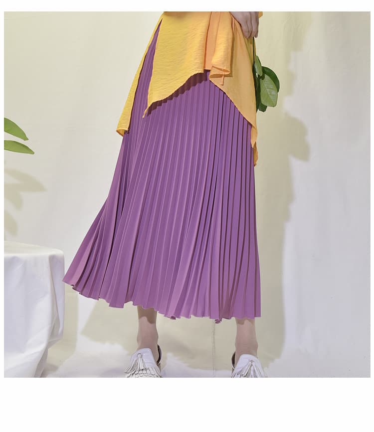 女装 透け感プリーツスカート ロング丈 ウエストゴム 全色展開
