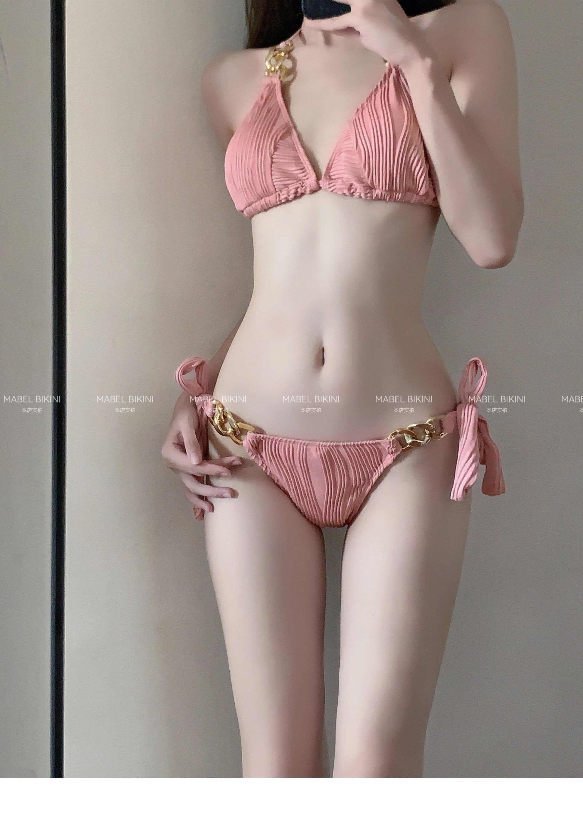 女装 金具チェーン付きプリーツ三角ビキニセット