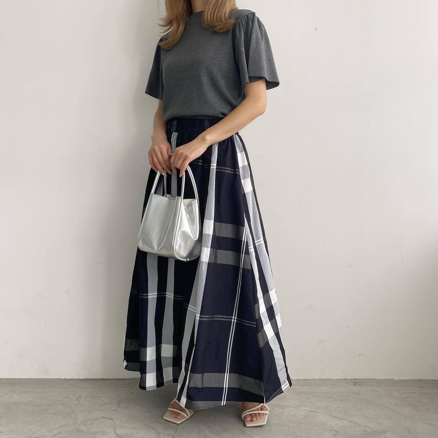 女装 大胆チェック柄ロング丈ギャザースカート