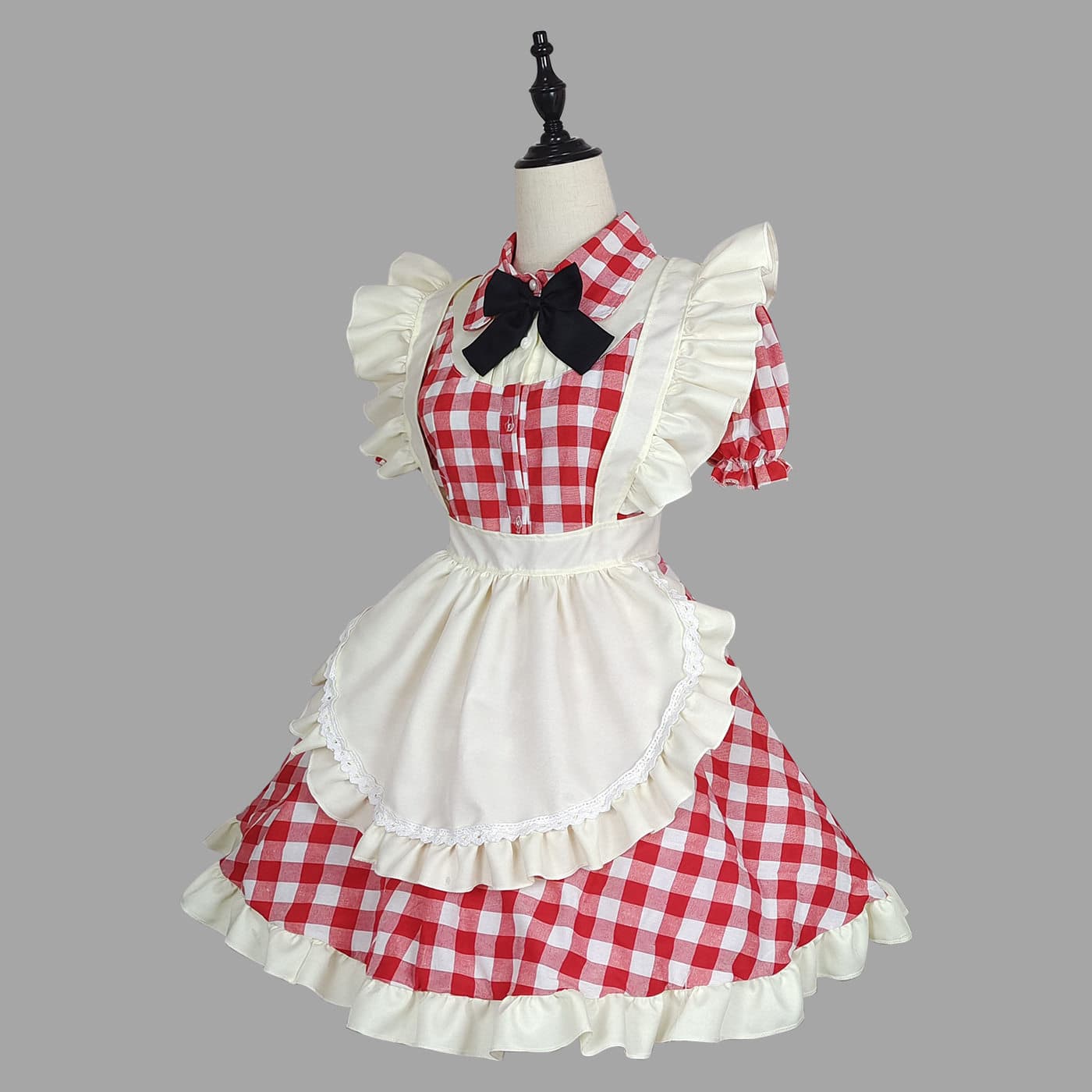 女装 ギンガムチェック柄フリル付きメイド服セット
