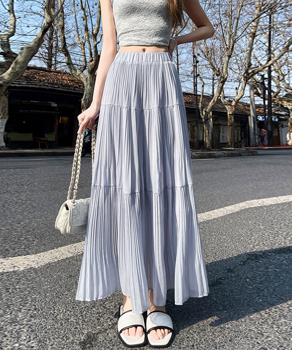 女装 シフォンプリーツロングスカート 段階層スカート