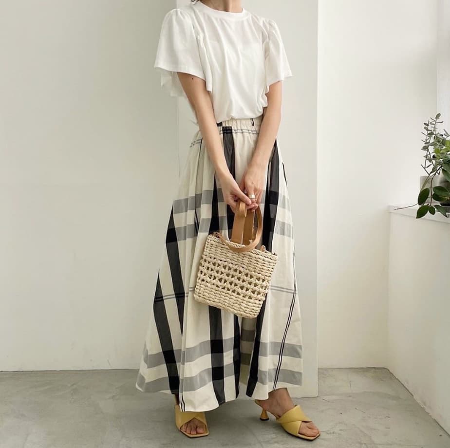 女装 大胆チェック柄ロング丈ギャザースカート