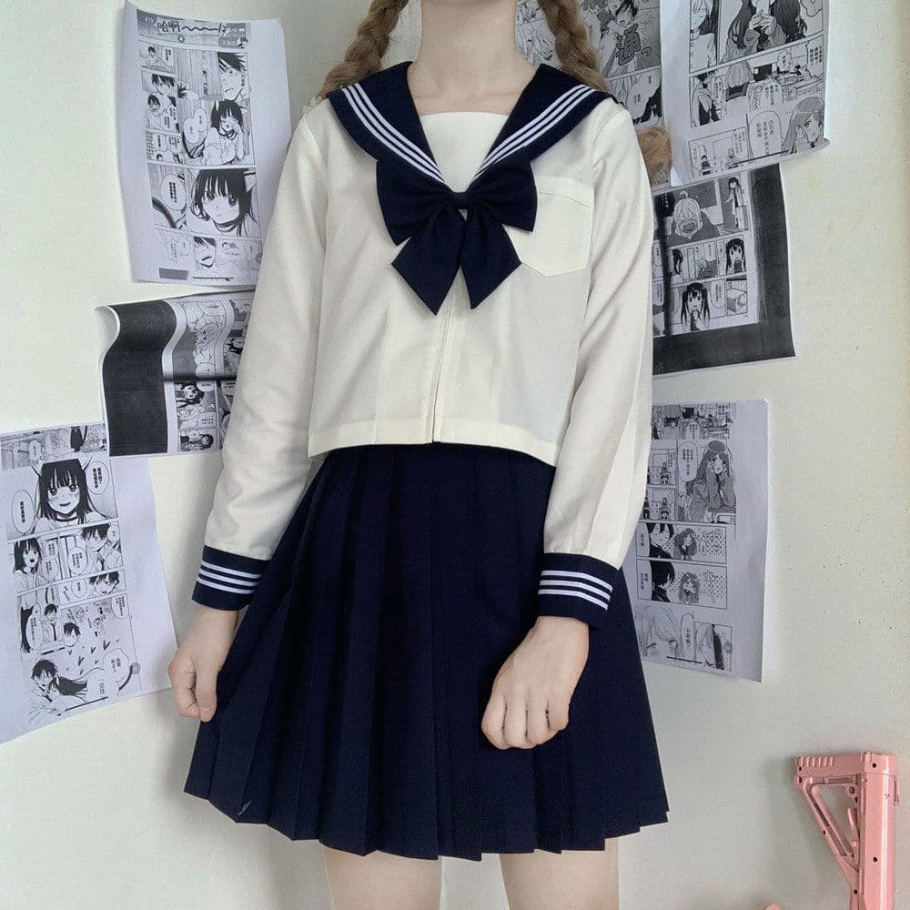 女装 清楚系三本線襟リボン付き長袖セーラー服上下セット