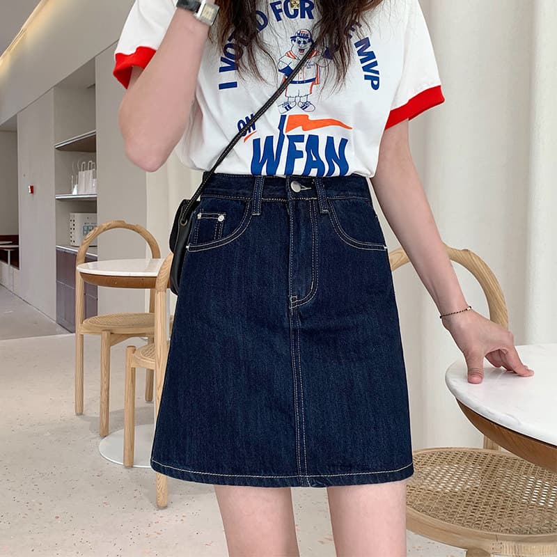 女装 ハイウエストデニムミニ丈台形スカート