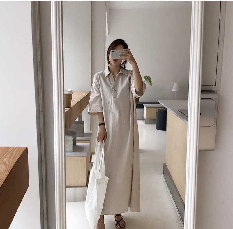 女装 春夏新作 半袖シャツワンピース ロング丈 体型カバー