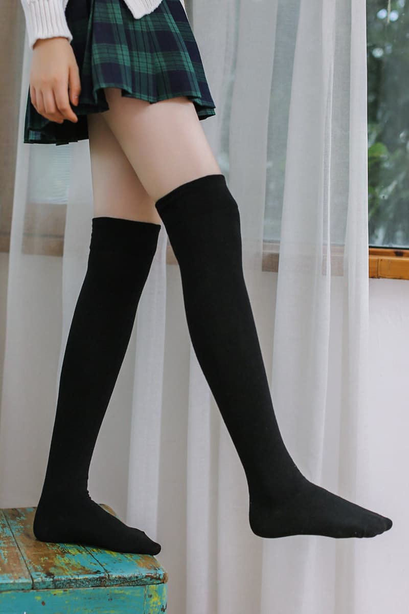 女装 ニーハイ丈ストレッチ無地タイツ