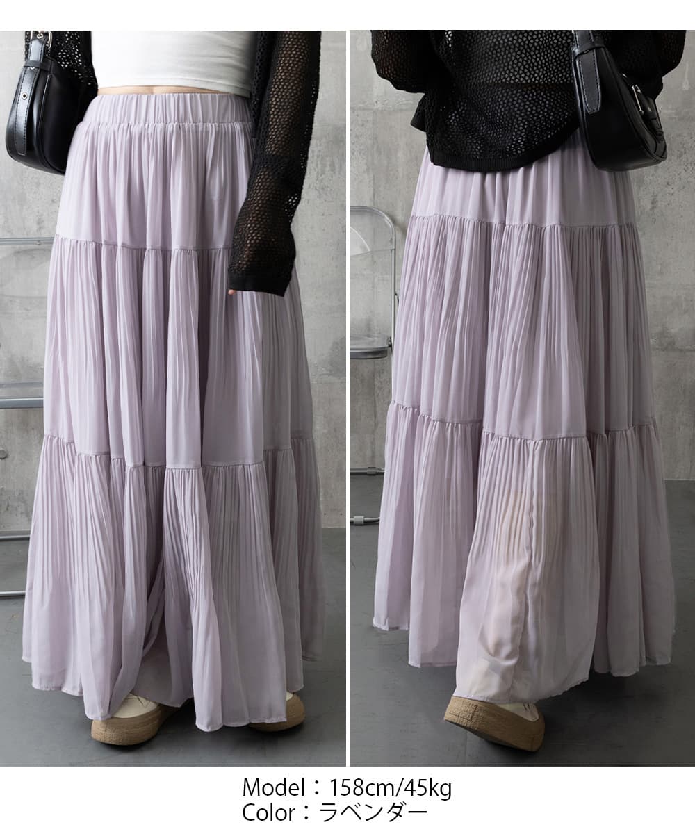 女装 シフォンプリーツロングスカート 段階層スカート