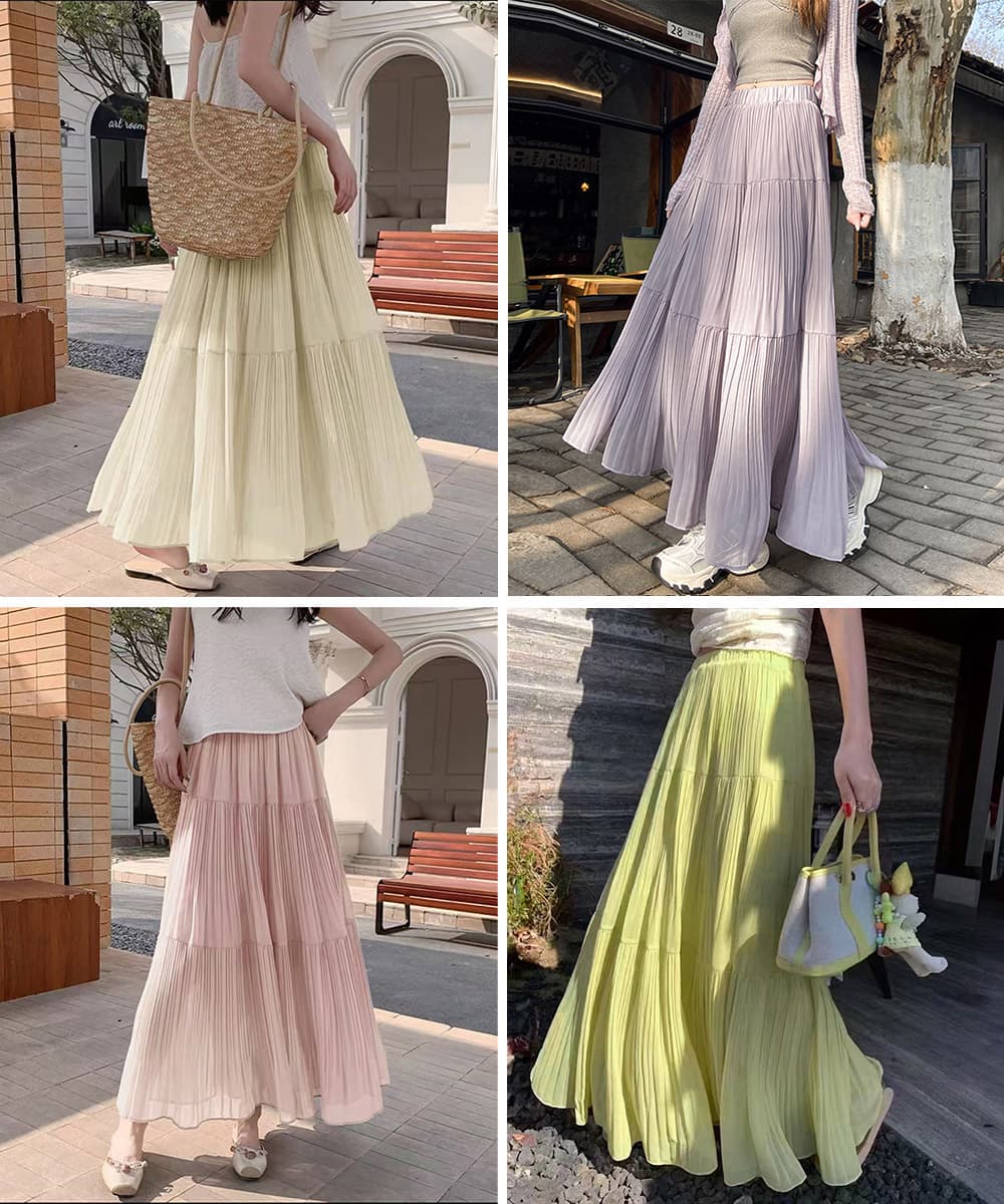 女装 シフォンプリーツロングスカート 段階層スカート