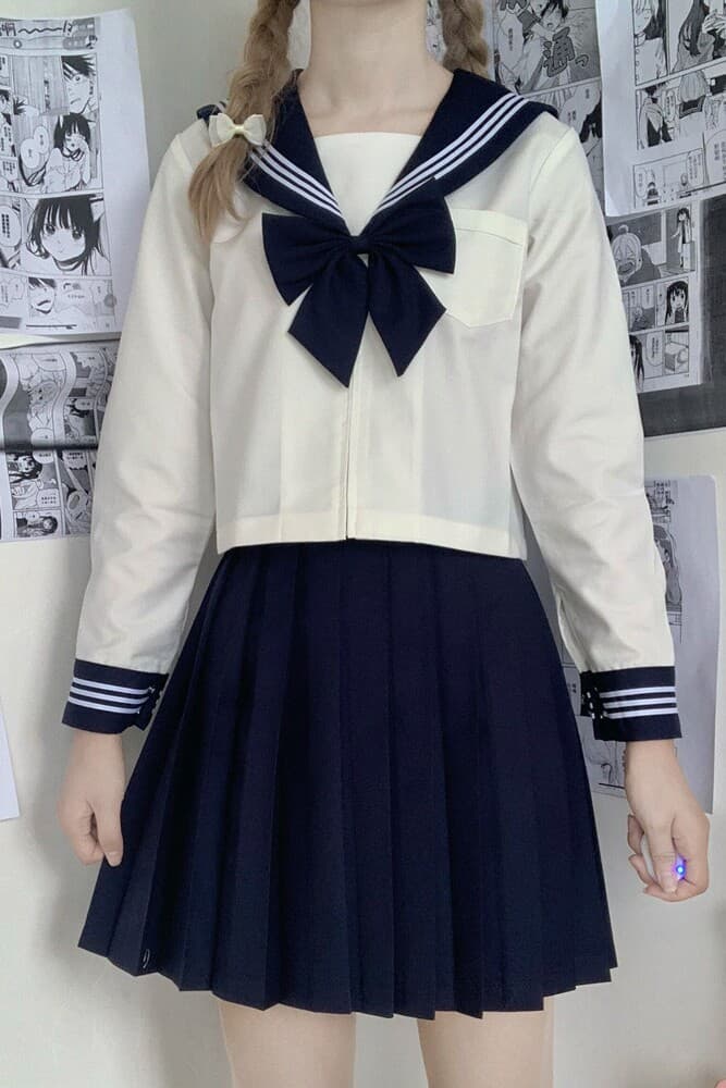 女装 清楚系三本線襟リボン付き長袖セーラー服上下セット