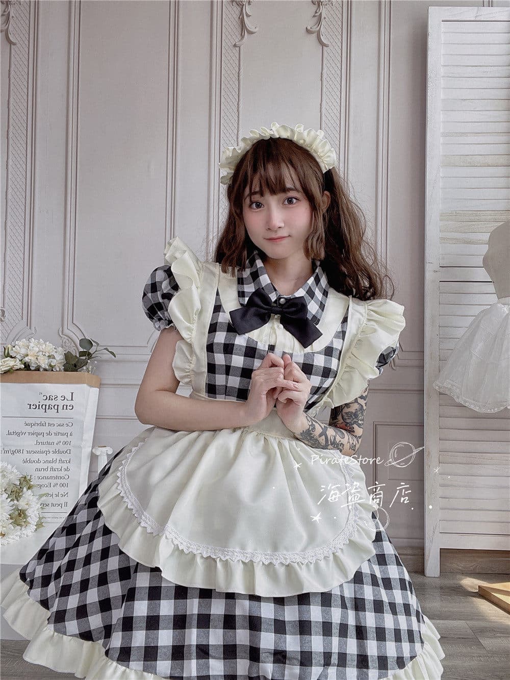 女装 ギンガムチェック柄フリル付きメイド服セット