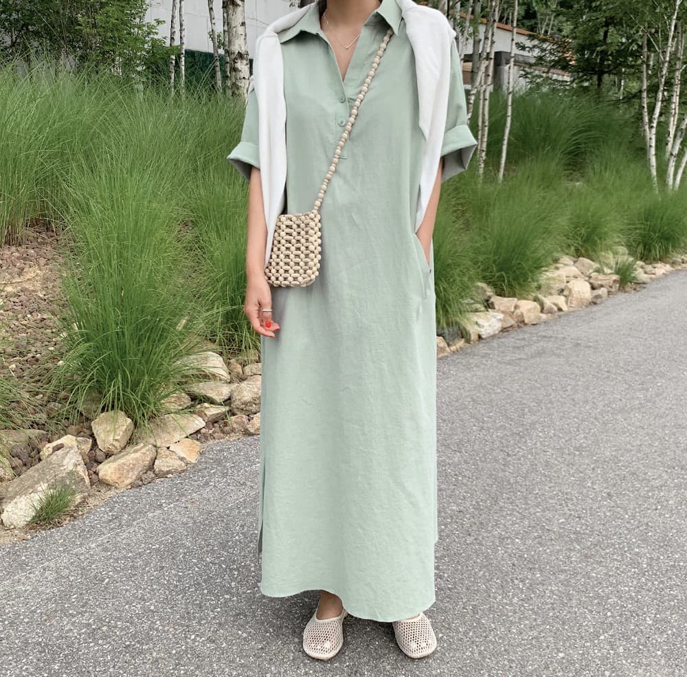 女装 春夏新作 半袖シャツワンピース ロング丈 体型カバー