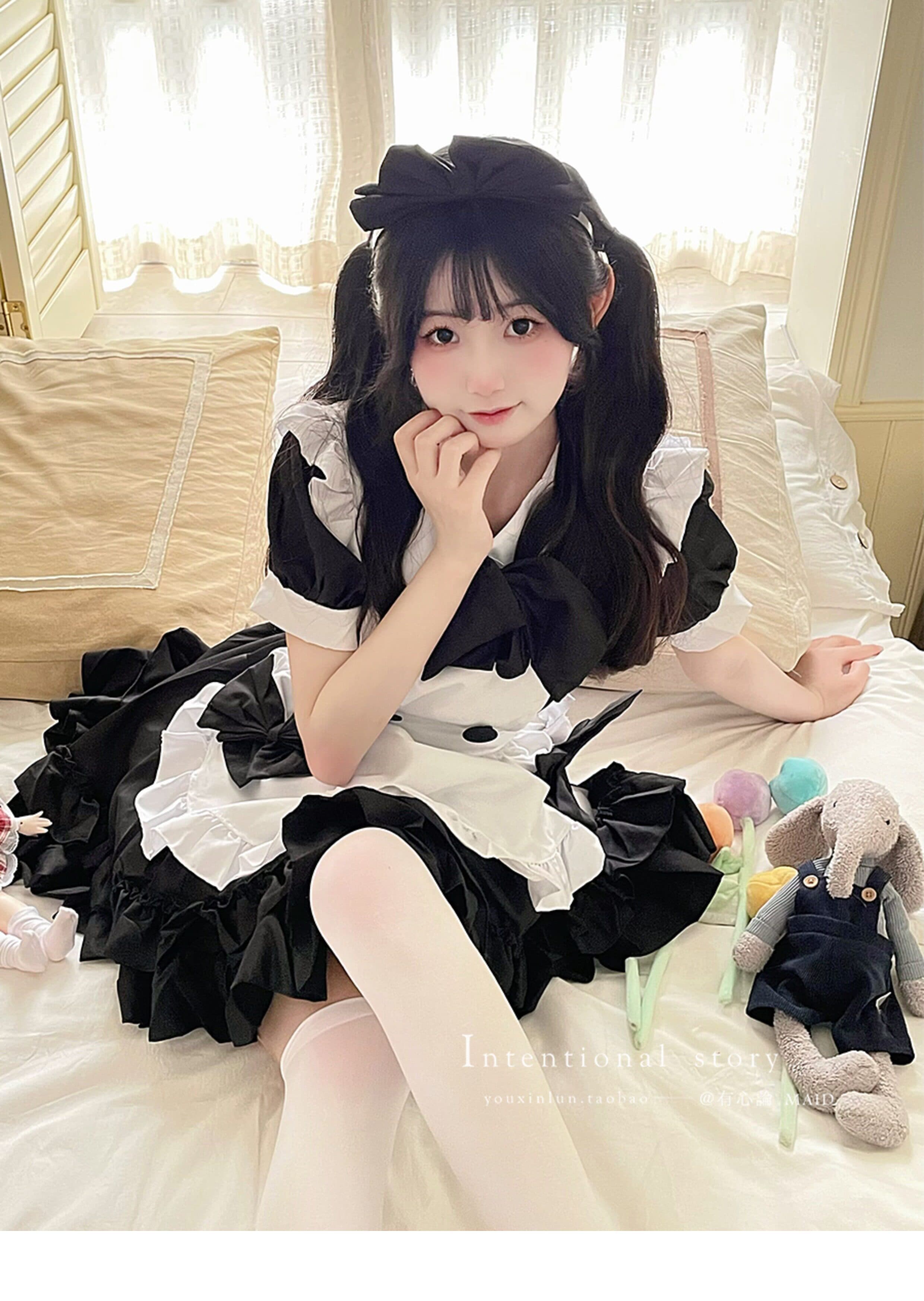 女装 大きめリボン付き半袖フリルエプロンメイド服