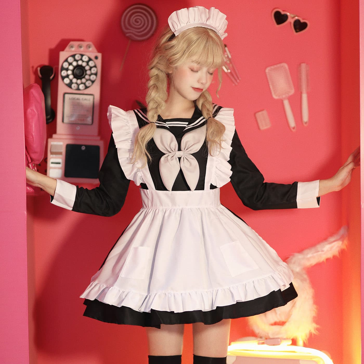 女装 セーラー襟付きフリル可愛いメイド服セット