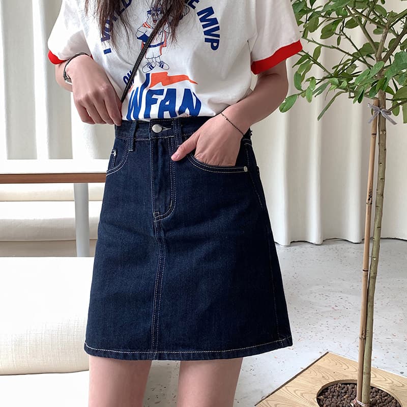 女装 ハイウエストデニムミニ丈台形スカート