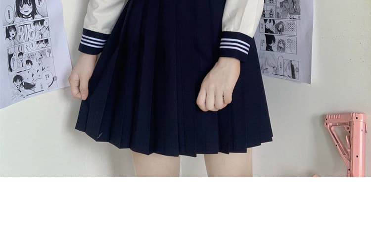 女装 清楚系三本線襟リボン付き長袖セーラー服上下セット