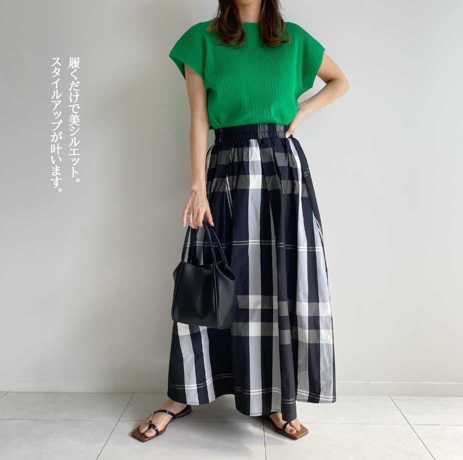 女装 大胆チェック柄ロング丈ギャザースカート