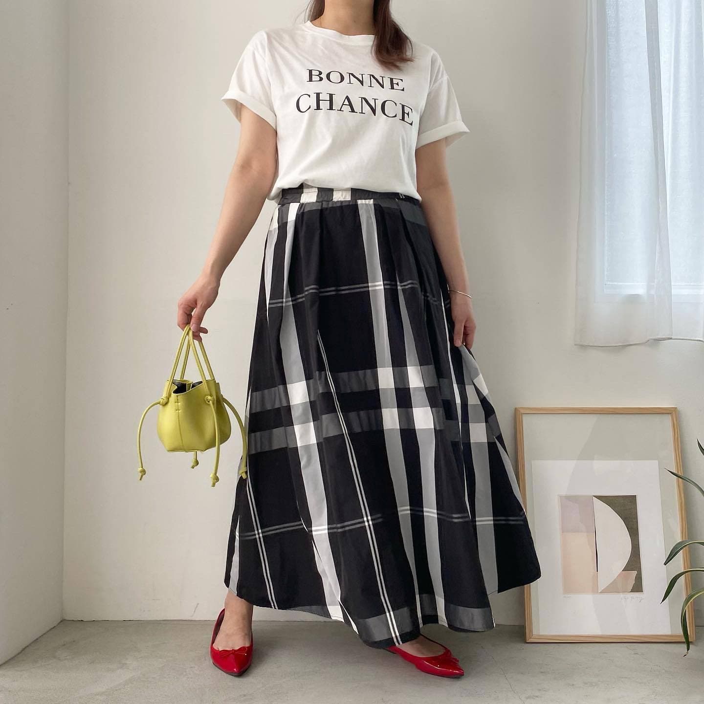 女装 大胆チェック柄ロング丈ギャザースカート