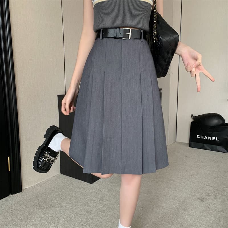 女装 ベルト付きハイウエストプリーツ膝丈スカート