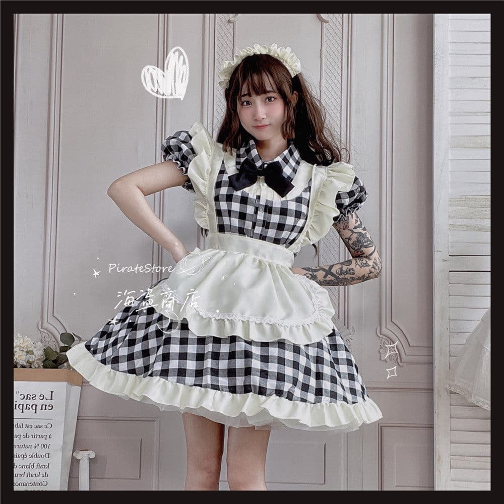 女装 ギンガムチェック柄フリル付きメイド服セット