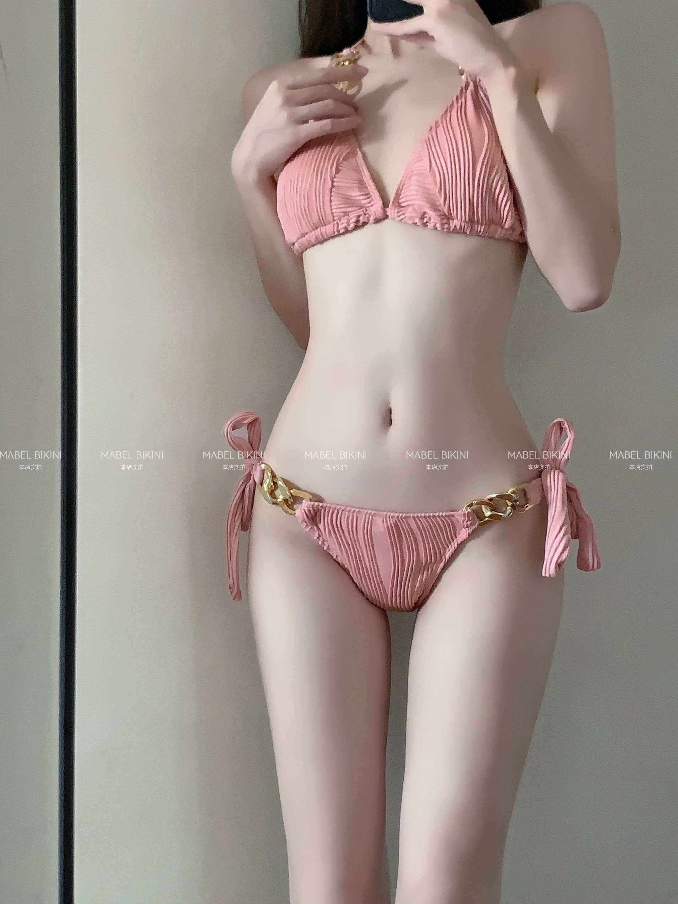 女装 金具チェーン付きプリーツ三角ビキニセット
