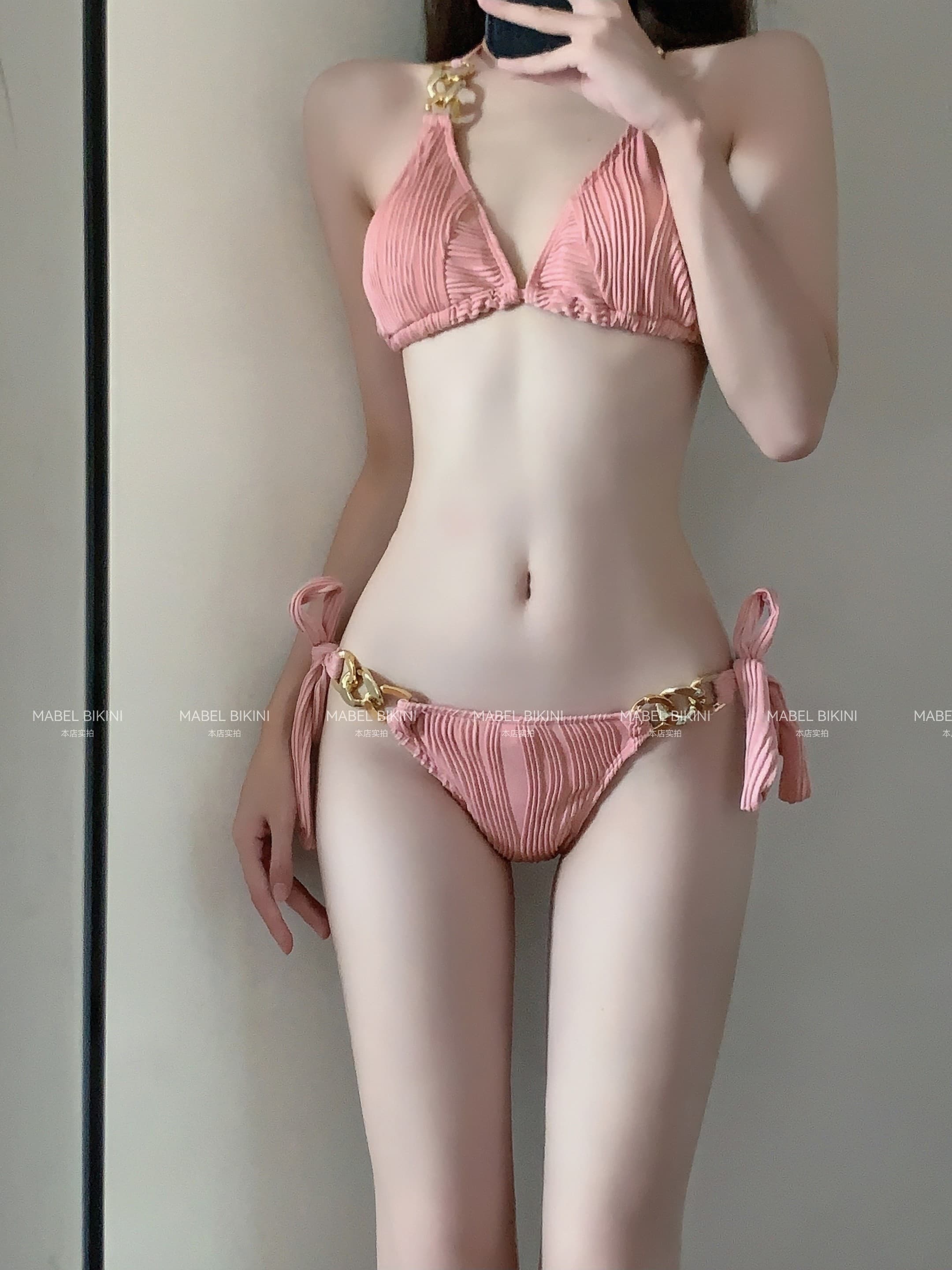 女装 金具チェーン付きプリーツ三角ビキニセット
