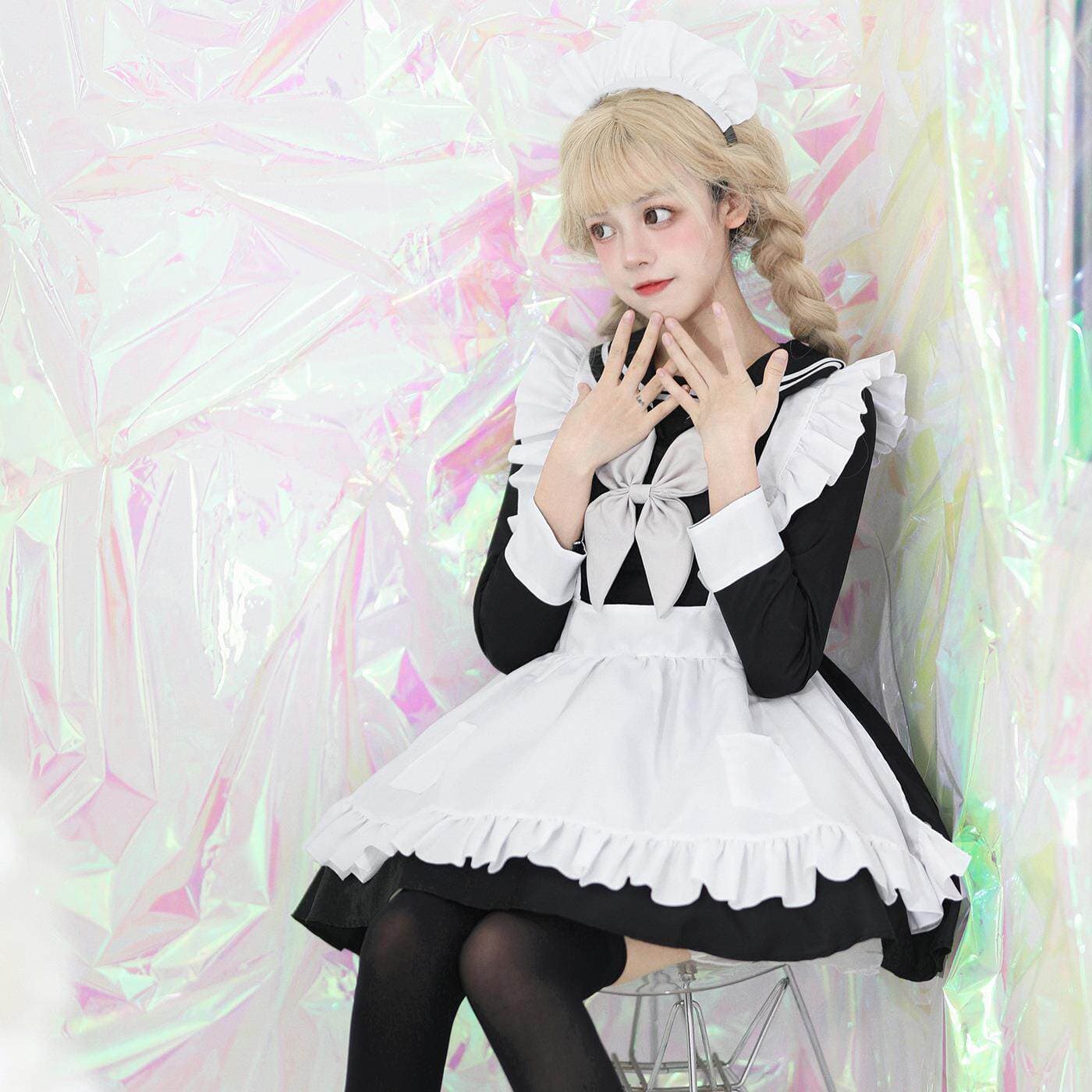 女装 セーラー襟付きフリル可愛いメイド服セット